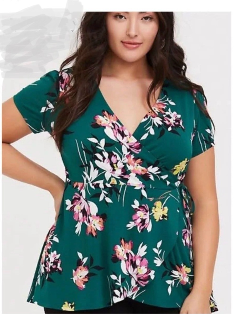 Torrid Studio Kit Surplice Green Floral Wrap Blouse 0 0X Plus